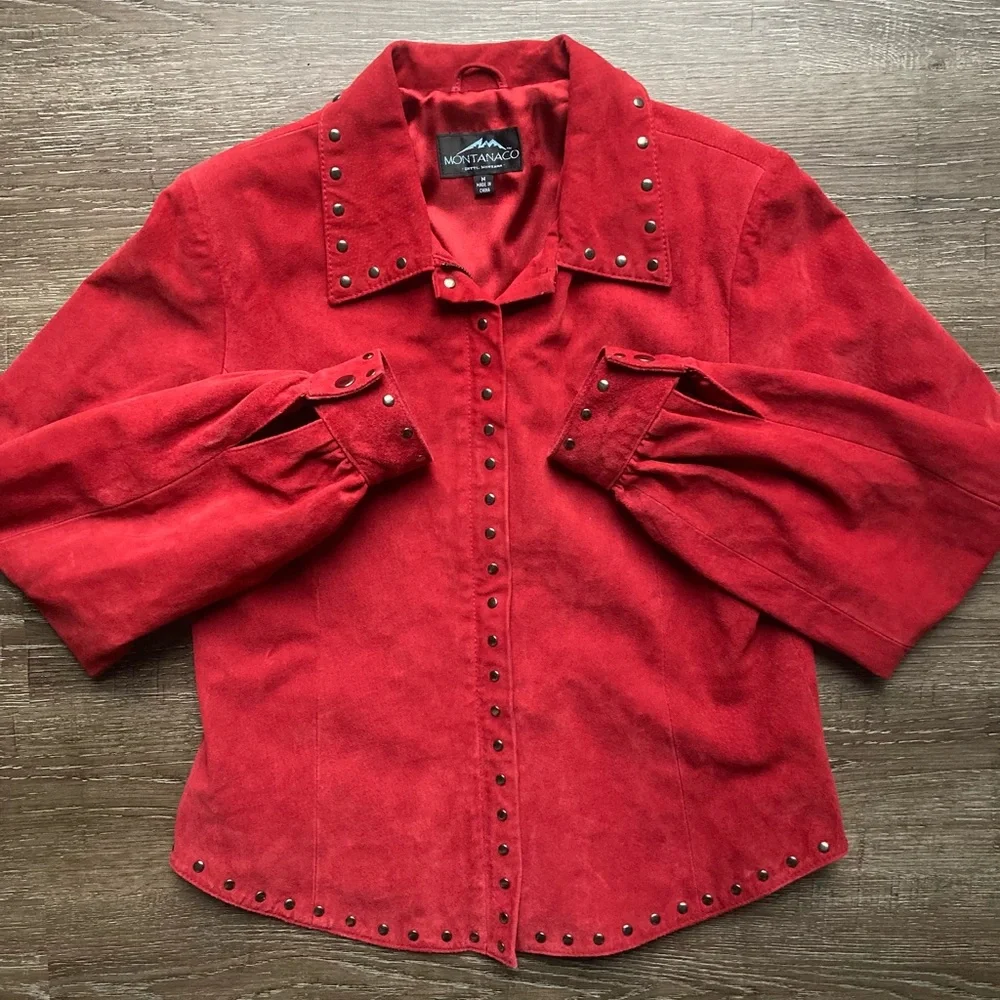Vintage Montanaco Red Leather Jacket Studded Size Medium - Picture 1 of 4